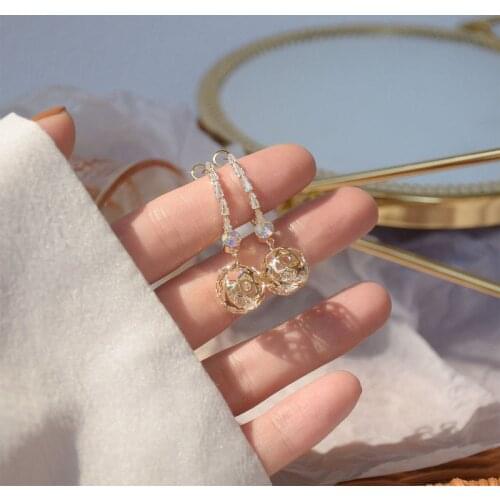 2021new hollow-out orb crystal long earring single ring earring buckle temperament versatile personalitysterling silver earring
