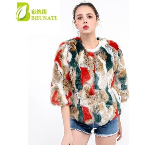 BHUNATI Multicolor Short Faux Fur Coat 3 Quarter Sleeve Colorful Overcoat Artificial Ribbit Fur Furry Fluffy Jaqueta Femme