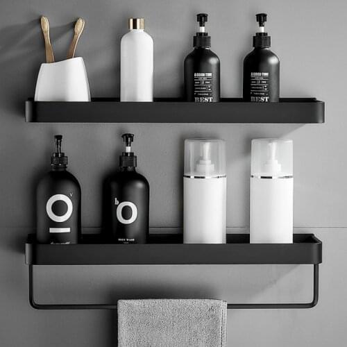 Towel Shower Storage Rack Black Corner Shelves Wall Mounted Aluminum Shampoo Holder No Drill Kitchen Bathroom Shelf Organizer