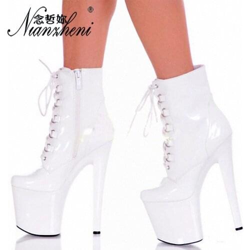 20Cm Ankle Boots Round Toe Round Heels Lady Shoes High Heels White Patent Leather Models Fashion Big Size 12 8 Inch Low Tube New