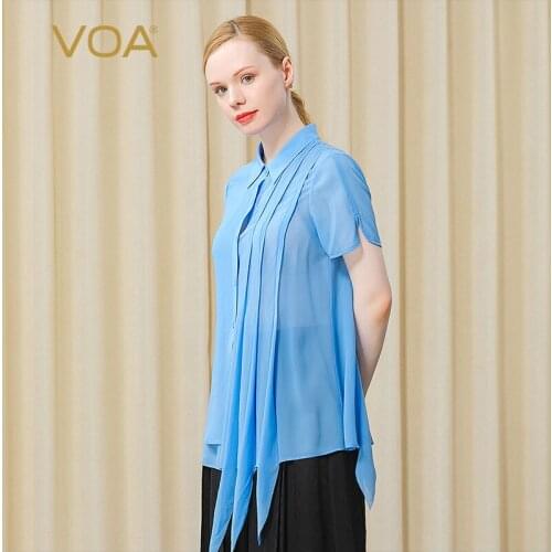VOA Silk Georgi 12m/m Sky Blue POLO Collar Asymmetrically Stitched Fresh Short Sleeve Shirt Woman BE531 Tops Women Shirts