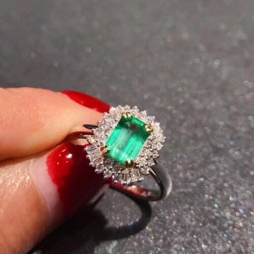 AEAW Jewelry 18K White Gold 0.9ct Natural Emerald Ring Radiant Cut Green Gemstone Double claw Ring Women Jewelry