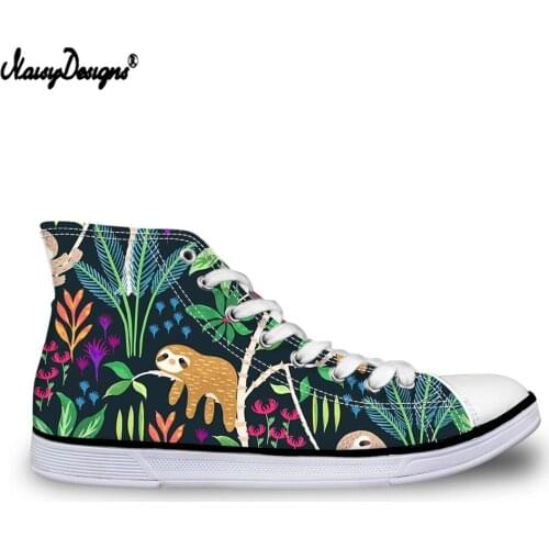 Noisydesigns Stylish Classic Women High Top Canvas Shoes Cute Cartoon Sloth Printed Vulcanize Shoes Breathable Lace up Flats