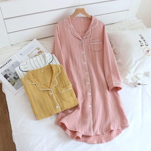 2021 new spring and summer womens 100% cotton long-sleeved nightdress home simple plus size striped home nightwear long dress