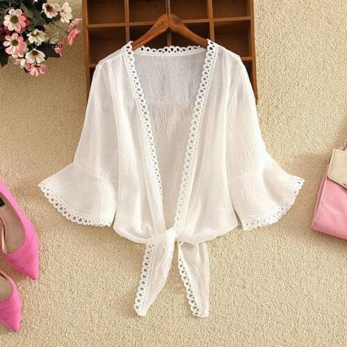 White Outerwear Vintage New Women Flare Sleeve Jacket Summer Chiffon Cardigan Thin Coats Ladies Elegant Cropped Jacket