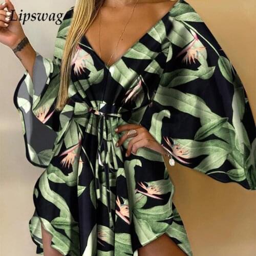 Fashion Leaves Leopard Print Party Dress Women Summer Elegant Sexy V-Neck Lace Up Mini Dress Asymmetry Casual Bat Sleeve Dresses