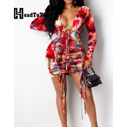 Tie Dye Print Pleated Lace Up Sexy Club Backless Dress for Woman Long Sleeve V Neck Above Knee Skinny Bodycon Dress Women