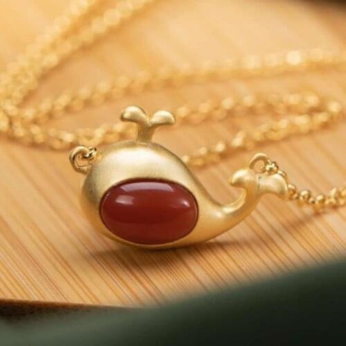 16inch Pure Natural Red Agate Necklace S925 Silver Dolphin Pendant Necklace