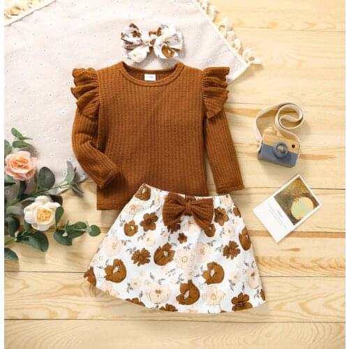 3Pcs Kids Girls Kids Tracksuit Set Girls Solid Color Waffle Long Sleeve Fly Sleeve Tops Floral Skirt Headband Baby Sets