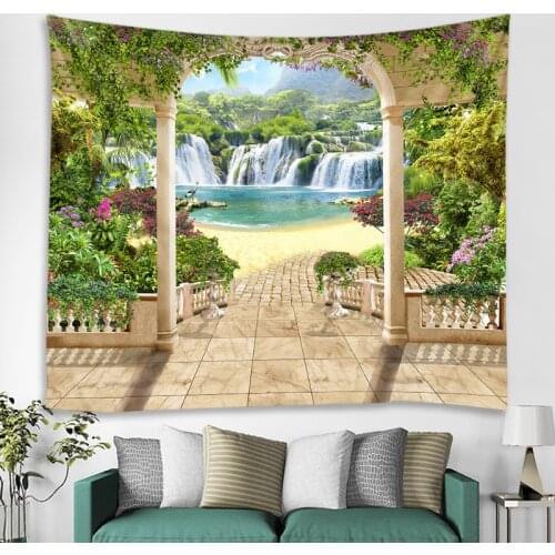 3D window landscape waterfall scenery decorative tapestry bedroom background wall decorative tapestry Bohemian decorative tapest