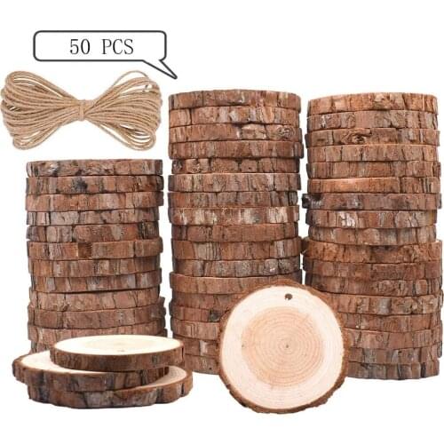 50Pcs Pine Round Blanks Wood Slices DIY Craft Wooden Christmas Tree Decorations For Home Kids DIY Painting Gifts With 20cm Rope