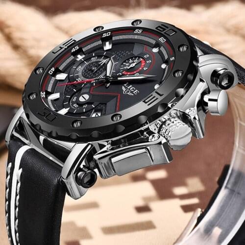 2020LIGE New Fashion Mens Watches Top Brand Luxury Big Dial Military Quartz Watch Leather Waterproof Sport Chronograph Watch Men