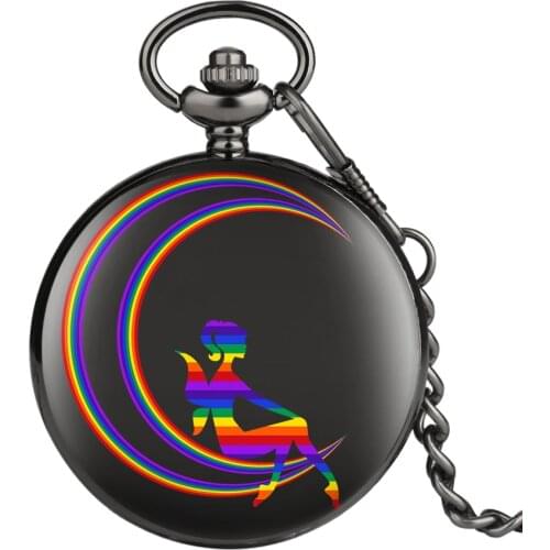 Rainbow Star Moon Angel Pattern Display Men Women Black Case Quartz Steampunk Gift Item cep saati Pocket Watch Chain Watches