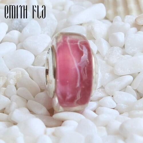 Emith Fla 925 Sterling Silver Large Hole Rose Red Murano Glass European Charm Beads Fit Brand Bracelet Beads Jewelry Gift