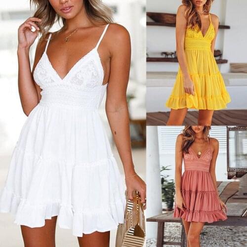 Short White Beach Mini Dress 5xl Bare Back Bandage 2020 Sukienka Fold Shirred Dress Pleated Ruffle Hem Spaghetti Strap Sundress