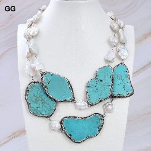 GuaiGuai Jewelry 2 Rows 22-24" Natural White Keshi Flower Pearl Flower CZ Paved Blue Turquoises Slice Nugget Necklace For Women