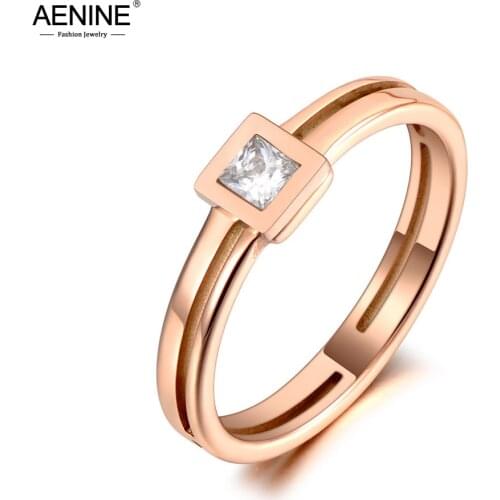 AENINE Titanium Stainless Steel Sparkling Square CZ Crystal Rings Jewelry Simple Rose Gold Ring For Women Girls AR20020