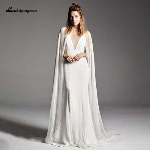 Lakshmigown Simple Spaghetti Straps Chiffon wedding dress with Cape White Simple Beach Bridal Gown V Neck Robe De Mariee 2021