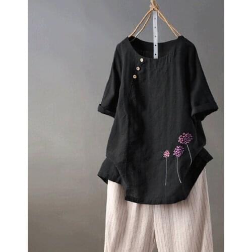 Summer Fashion Womens Floral Print Blouse Linen Plus Size Pullover Ladies Embroidery O-Neck Tee Tops Female Casual Clothing A40