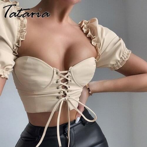 New Sexy T Shirt Women 2021 Fashion Bandage Hollow Out Crop Tops for Girls Summer Fungus Square Collar Puff Sleeve Feamle Top