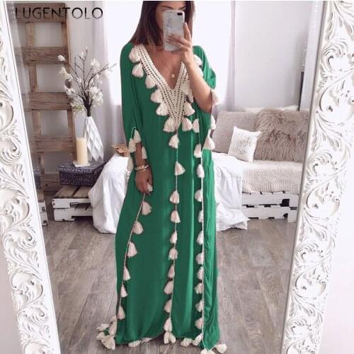 Women Loose Dress V-neck Tassel Large Size Fashion Muslim Dresses Female Casual Big Swing Pullover Long Spring Dress