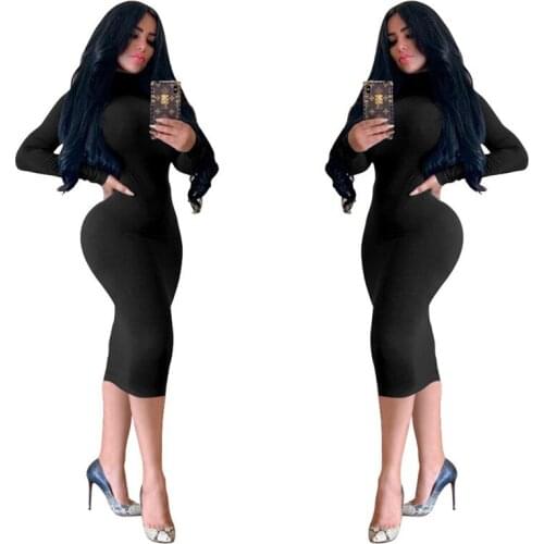 All Black O Nekc Long Sleeve Skinny Midi Dress Sexy Tight Club Party Lady Fashion Sheath Dress