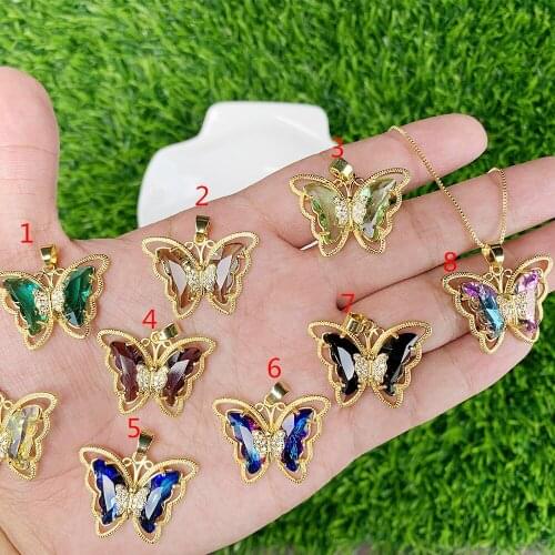 Gold-plated copper Box Chain Necklace Butterfly Shape Smooth Glass/CZ Micro insert Pendant Suitable for party/weddings wear