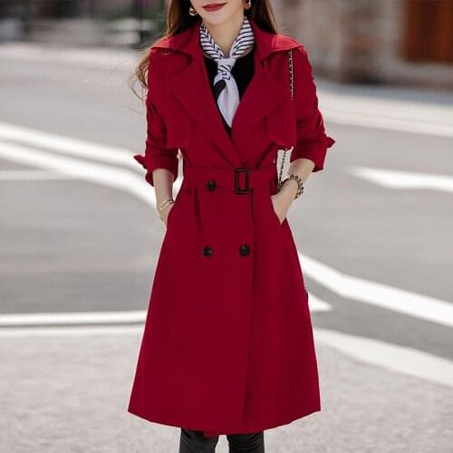 2021 Early Autumn Medium Long British Style Trench Coat For Women Black Wine Red Solid Plus Size 3xl Overcoat Clothes