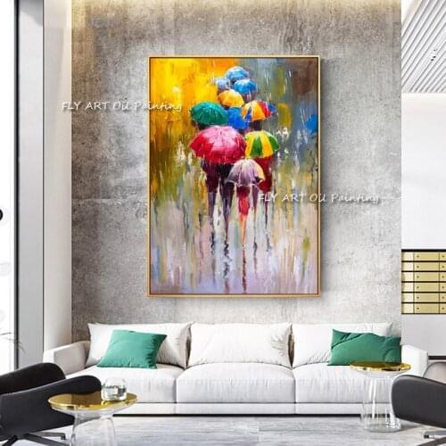 Handmade Large Wall Painting Beautiful Wall Art Palette Knife Abstract Street Landscape Oil Painting Rainy Umbrella Art Painting