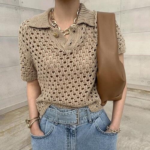 Turn Down Collar Mesh T Shirt Short Sleeve Casual Korean French Vintage T Shirts 2021 Summer Hollo Short Sleeve Women T Shirt