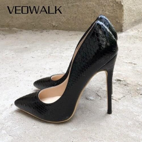 Veowalk Embossed Crocodile Women Sexy Pointed Toe High Heels Ladies Fashion Stilettos Pumps Slip On Club Shoes 8/10/12cm