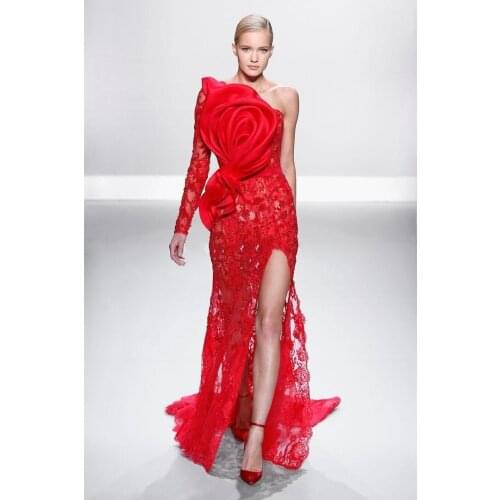 New Design Evening Lace One Long Sleeve Split Side Red Formal Gowns Vestido De Festa Longo sexy 2020 Mother of Bride Dresses