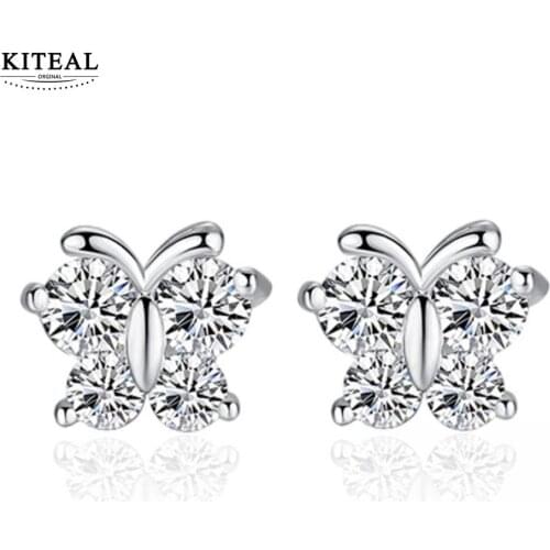 2018 New Fashion Silver plated Sparkling Butterfly Stud Earrings For Women/girl/lady Bowknot Bow Jewelry 925 stamp