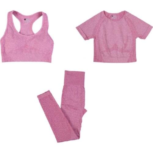 3pcs/set Women Seamless Yoga Set Fitness Sports Suits Short Sleeve Crop Top+High Waist Leggings+Sports Bra