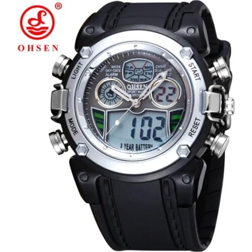 Original OHSEN Digital Quartz Mens Sport Wristwatches Silicone Strap 30M Waterproof Silver Fashion Military Boys Male Watches