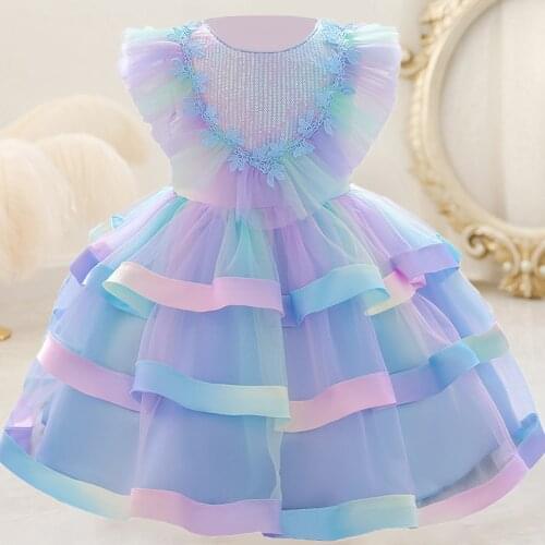 Gradient Colorful Baby Girls 1 Years Birthday Dress Sequins Baptism Princess Dresses Costume Children Wedding Party Ball Gown