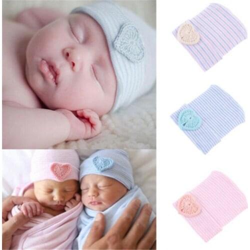 Newborn Baby Infant Girl Boy Winter Comfy Cotton Knitted Heart Striped Hospital Cap Soft Beanie Hat for 0-6M