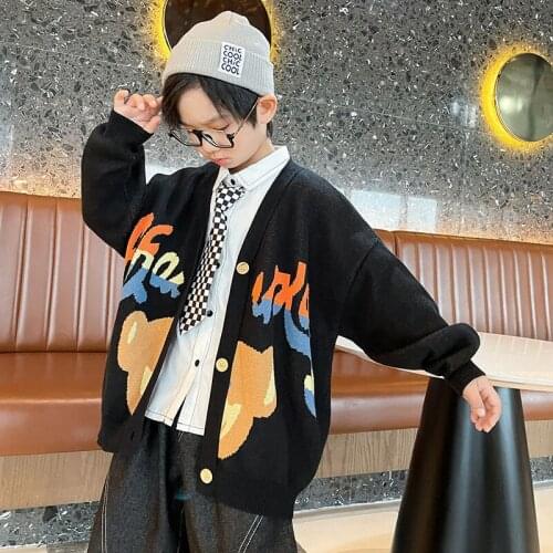 Boys Cardigans Cartoon Single Breasted Fashion Children Sweaters Korean Knitting V-neck Streetwear Tops Size 6 8 10 12 13 14 yrs