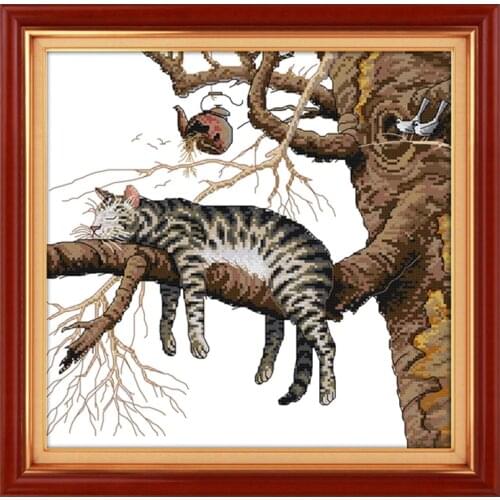 A Lazy Cat Patterns Cross Stitch Kits Printed Fabric Embroidery Needlework Sets 14CT 11CT DIY Home Handmade Decoration Paintings