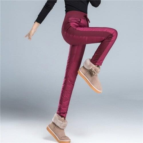 Fashion Woman Ladies Black Grey Skinny Stretch Thick Warm 80% White Duck Down Pencil Pants , Women Elastic High Wasited Trousers