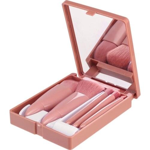 Makeup Brushes Set Portable 5Pcs Multi-Function Set With Mirror Soft Hair Loose Powder Brush Blush Foundation Eye Shadow Brush