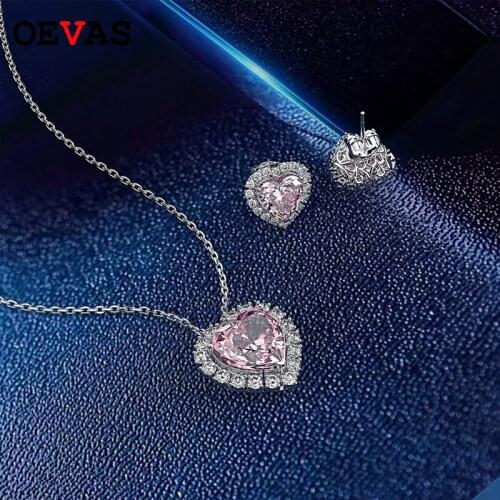OEVAS Romantic 100% 925 Sterling Silver Heart Created Moissanite Gemstone Necklace/Earrings Wedding Jewelry Sets Wholesale