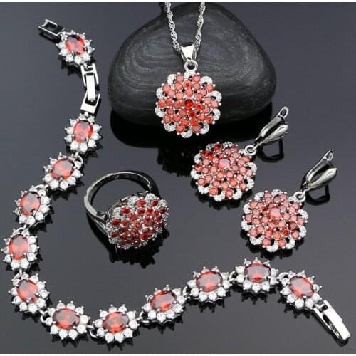 925 Silver Jewelry Sets For Women Wedding Accessories Red Cubic Zirconia Earrings Pendant Necklace Ring Bracelet Jewelry Kit