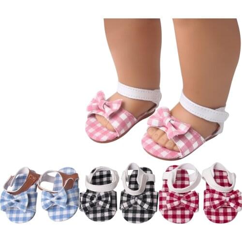 18 Inch American Doll Girls Shoes Plaid Bow Sandal Cloth Shoes Born Baby Toys Accessories Fit 43 Cm Boy Dolls Gift E2