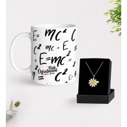 Personalized Physics Teacher White Mug and Daisy Necklace Gift Seti-3