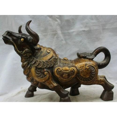 Song voge gem S2257 21" Chinese Bronze Wealth Fu Ru YI Folk Feng shui Zodiac Year Bull Oxen Statue