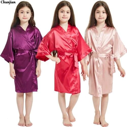 Silk Satin Wedding Bride Flower Girls Robe Solid Bathrobe Short Kimono Robe Night Robe Bath Robe Fashion Dressing Gown Rose