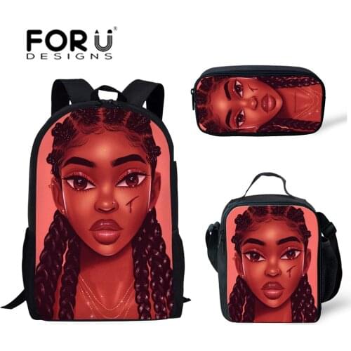 FORUDESIGNS School Bags for Kids Black Art African Girl Printing Shoulder Bagpack Children 3pcs/set School Book Bags Satchel New