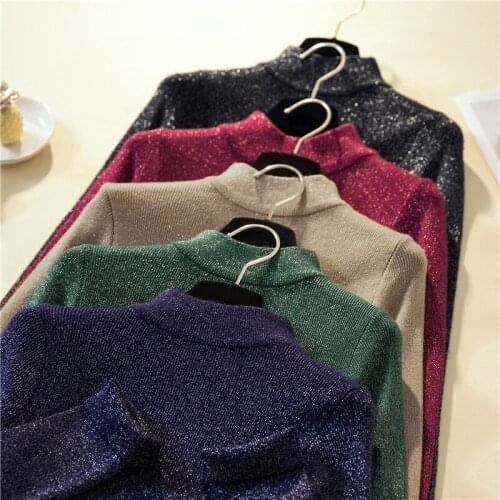 Autumn and Winter Woman Sweaters Fashion Mock Turtleneck Bright Yarn Korean Womens Sweaters Computer Knitted Slim Lady Sweaters
