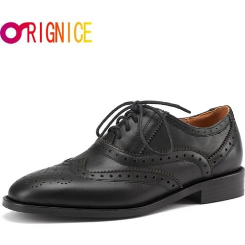Orignice Women Casual Square Low Heel Pumps Ladies Leisure Footwear Autumn Sweety Round Toe Lace Up Genuine Leather Party Shoes